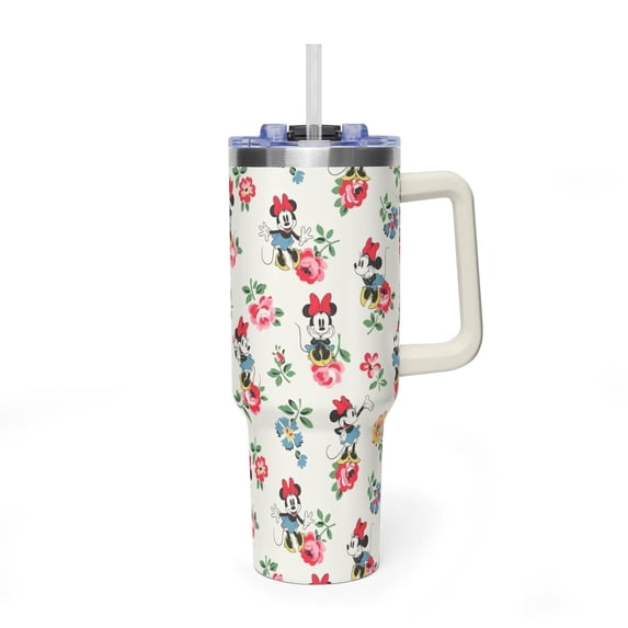 Minnie Mouse Vintage Floral 40oz Tumbler with Handle, Retro Minnie Mouse Roses Quencher, CARTOON Botanical Travel Mug, Gift for CARTOON Lovers