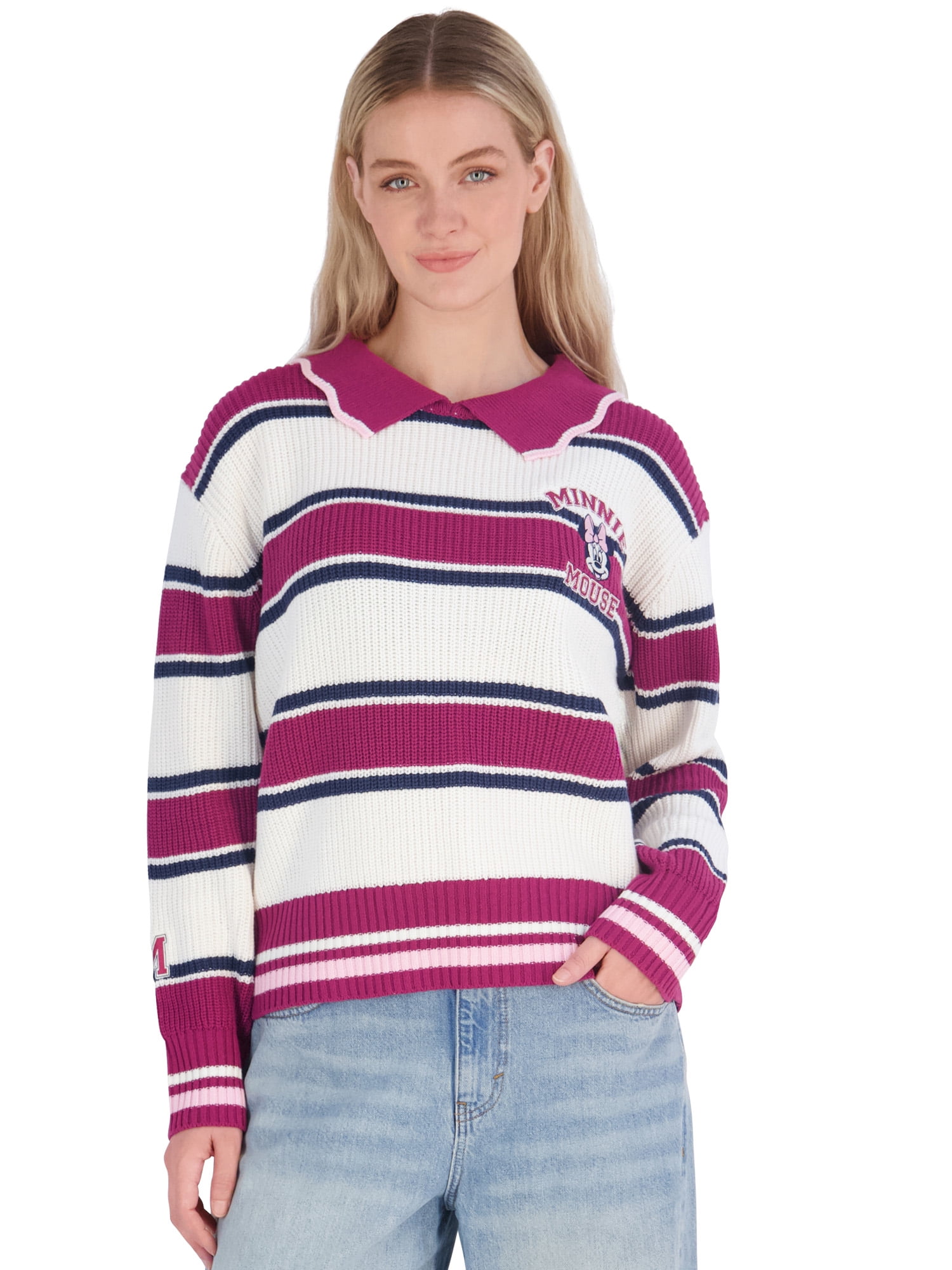 Disney Minnie Mouse Women's Graphic Striped Long Sleeve Sweater, Sizes XS-3XL