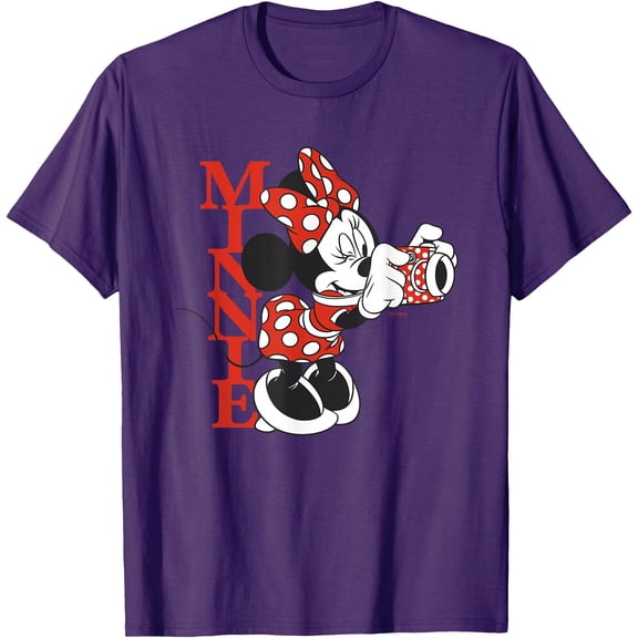 Minnie Mouse with Camera Polka Dot Day Vintage DTG Print Unisex T-Shirt,Purple Color,Size YXS
