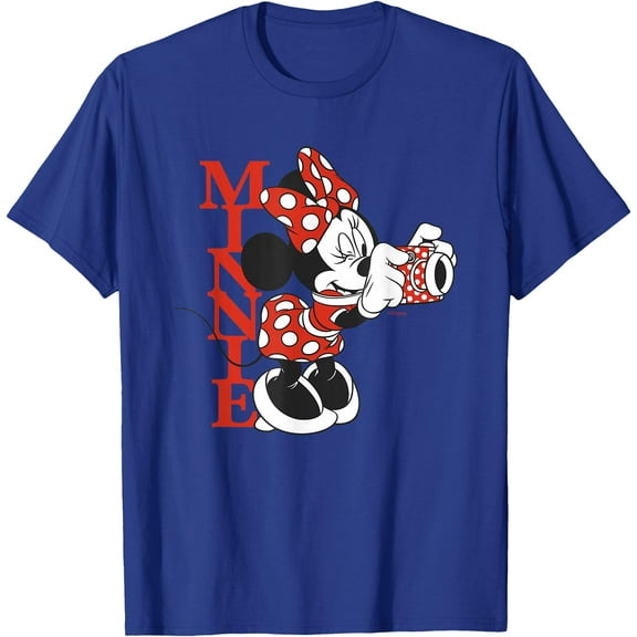 Minnie Mouse with Camera Polka Dot Day Vintage DTG Print Unisex T-Shirt,Royal Blue Color,Size YXS