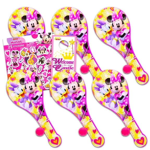 Minnie Paddle Ball Fun Pack - 6 Games & Stickers for Kids - Party Favors Bundle - Toddlers Party Supplies - Minnie Mouse Theme