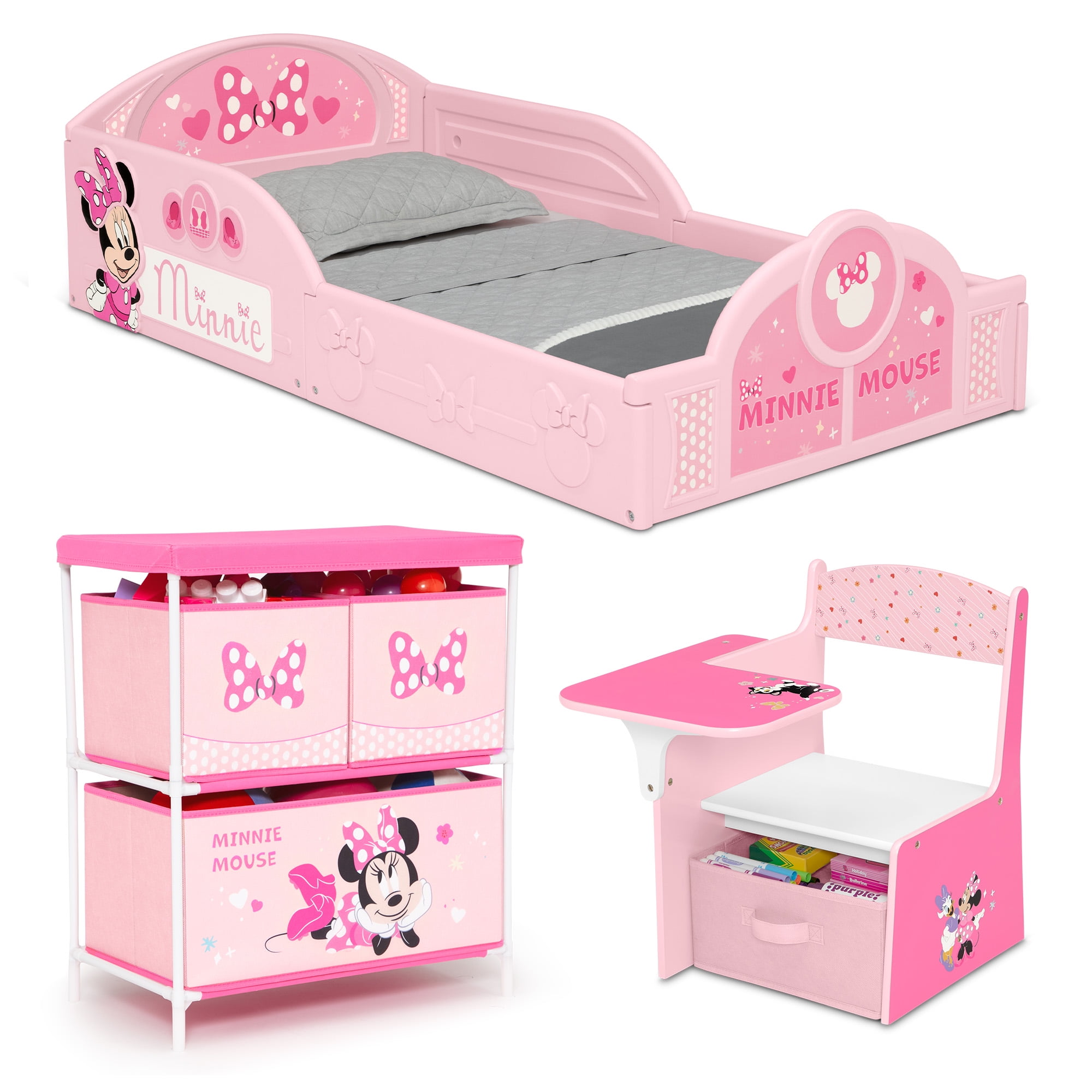 Minnie Mouse 3-Piece Toddler Bedroom Set by Delta Children - Includes Toddler Bed, Chair Desk and Toy Organizer, Pink