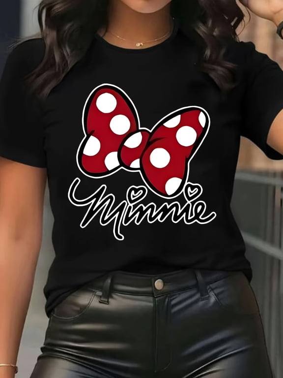 Minnie-Style Red Polka Dot Bow Handwritten Letter Pattern Summer New Short Sleeve Crew Neck T-Shirt, Breathable Women’s Casual Fashion Elegant Printed Top