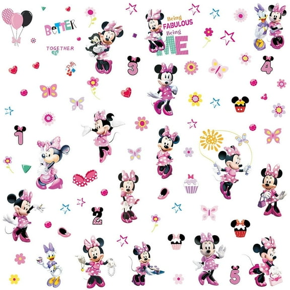 Minnie Wall Stickers, Cartoon Character Stickers for Children Room, DIY Removable Stickers for Baby Kids Nursery Girls Bedroom Living Room Playroom Wall Decoration