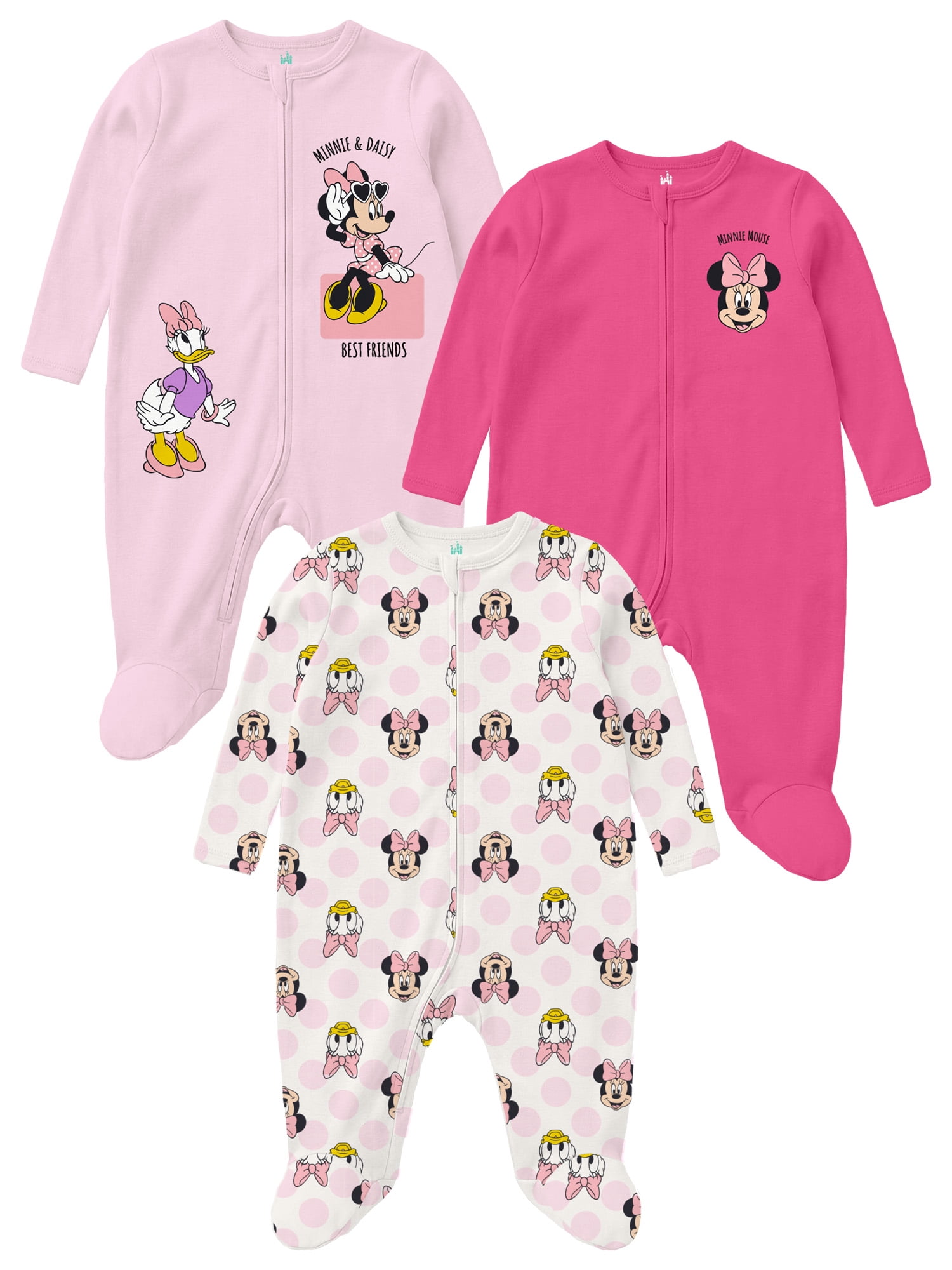 Minnie and Daisy Baby Girls 3 Pack Sleep n’ Play Coverall, Sizes Newborn-9M