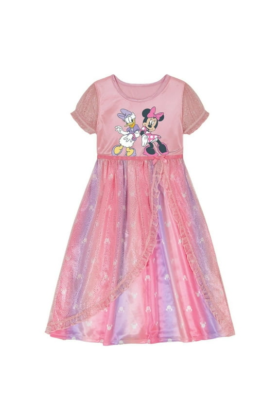 Minnie and Daisy Toddler Girl's Short-Sleeved Satinet and Tulle Nightgown, Gown, Size 3T