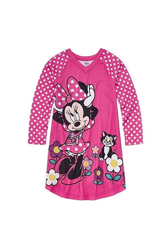 Minnie and Figaro Pink Polka Dot Floral Jersey Nightgown, Nightshirt, Size 7/8