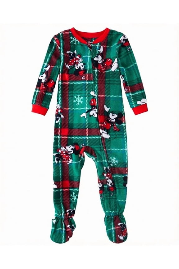 Minnie and Mickey Green Holiday Plaid Christmas Fleece Footed Pajama Sleeper, Size 2T