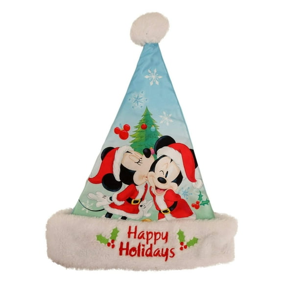 Minnie and Mickey Mouse Christmas Santa Hat(16 in tall, Blue) Satin feel, Embroidered Merry Christmas Fluffy Rim, Pom Pom Xmas Party