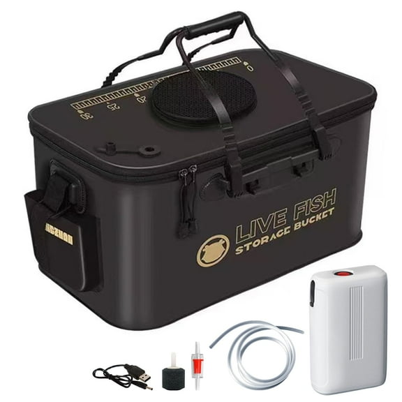 Minnow Bucket with Aerator Built in, 20/24.5 Quart Portable Collapsible Fishing Live Bait Bucket with Aerator, for Hiking Fishing Camping Traveling Boating (Black, Large)