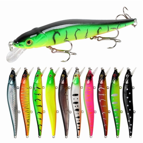 Minnow Jerkbait Fishing Lure Set, 10pc Realistic Plastic Hard Baits with 3 Treble Hooks for Bass Pike Walleye, 0.49 oz Each, 4.53 Inch