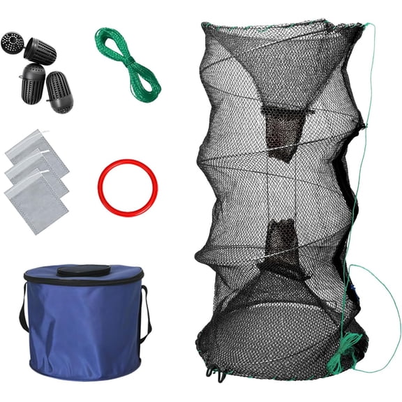 Minnow Trap with Foldable Fishing Net (11x24 Inch) & Collapsible Fish Bucket - Crab, Crawfish, Shrimp Trap for Freshwater Saltwater Fishing