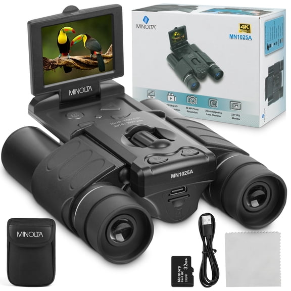 Minolta 10x25 Digital Binoculars - 4K UHD Video Camera, 48MP Photo, 8X Digital Zoom, IPS Anti-Glare Screen, Fog-Resistant Optics, Compact, Ideal for Birdwatching & Travel Hunting