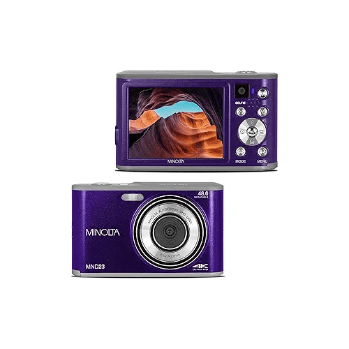 Minolta 48 Mega Pixels Point & Shoot Digital Camera with Rear Selfie Lens, Autofocus & 4K Ultra HD Video, Purple