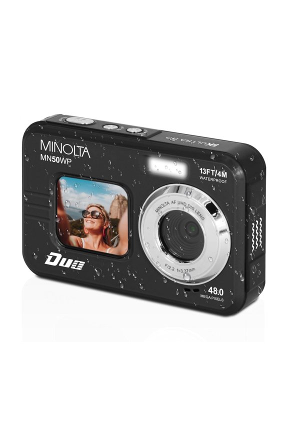 Minolta 48 Mega Pixels Underwater Digital Camera with Autofocus, 5K Video & Dual LCD, Black