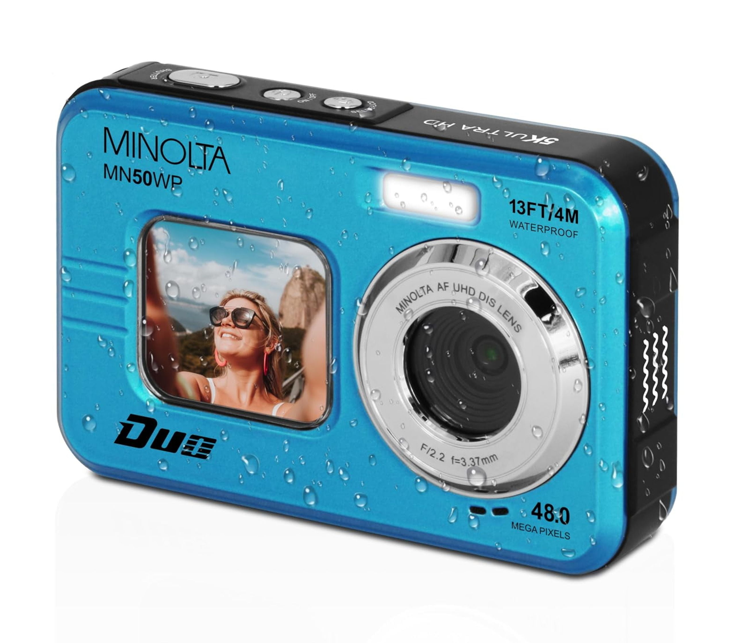 Minolta 48 Mega Pixels Underwater Digital Camera with Autofocus, 5K Video & Dual LCD, Blue