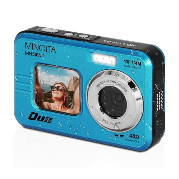 Minolta 48 Mega Pixels Underwater Digital Camera with Autofocus, 5K Video & Dual LCD, Blue