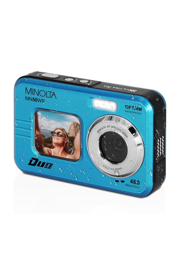Minolta 48 Mega Pixels Underwater Digital Camera with Autofocus, 5K Video & Dual LCD, Blue
