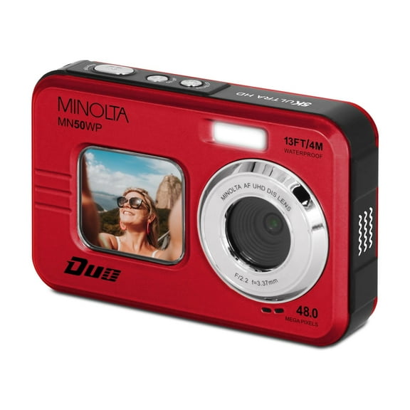 Minolta 48 Mega Pixels Underwater Digital Camera with Autofocus, 5K Video & Dual LCD, Red