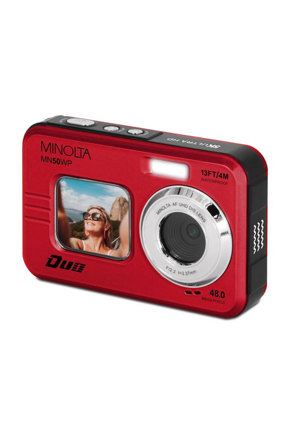 Minolta 48 Mega Pixels Underwater Digital Camera with Autofocus, 5K Video & Dual LCD, Red
