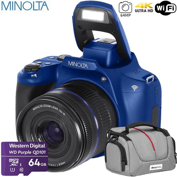 Minolta 64MP Auto Focus Digital Camera 10x Optical Zoom 4K Ultra HD Video Blue MNB10Z-BL Bundle with Deco Photo Camera Bag for DSLR and Mirrorless Cameras and Western Digital 64GB microSD Card