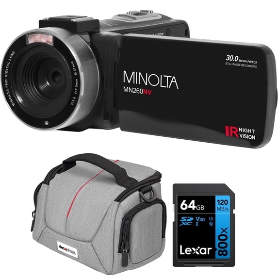 Minolta MN260NV 1080P FHD / 30 MP Night Vision Camcorder, Black Bundle with Lexar 64GB High-Performance 800x UHS-I SDXC Memory Card + Deco Photo Camera Bag for DSLR and Mirrorless Cameras