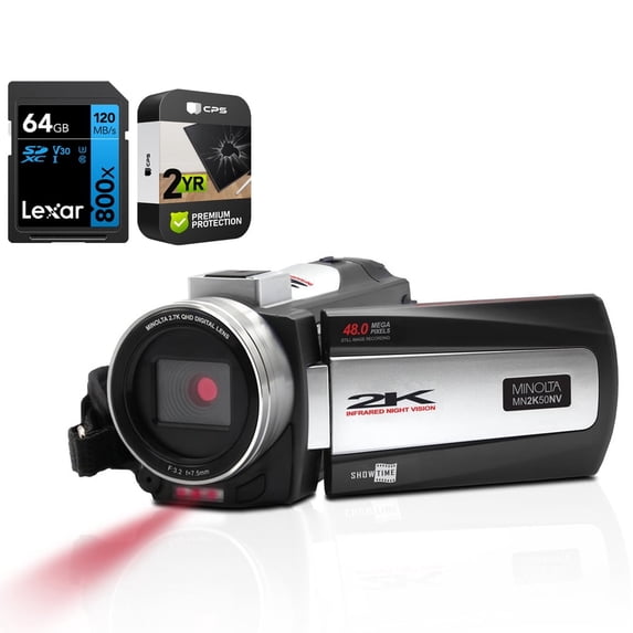 Minolta MN2K50NV 2.7K Quad HD / 48 MP IR Night Vision Camcorder Black Bundle with Lexar 64GB High-Performance 800x UHS-I SDXC Memory Card BLUE Series and 2 YR CPS Enhanced Protection Pack
