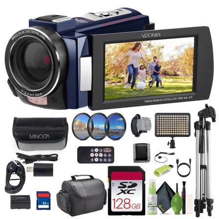 Minolta MN4K25NV 4K Ultra HD 30 Mega Pixels Night Digital Vision Video Camcorder (Blue) Bundle With  128GB Memory Card + Camera Tripod + LED light + More Accessories