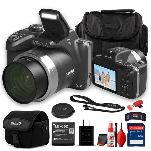 Minolta MN52Z 20MP 4K Ultra HD Bridge Camera Black | 52x Optical Zoom, 24-1248mm, OIS, 25-Point AF | Bundle
