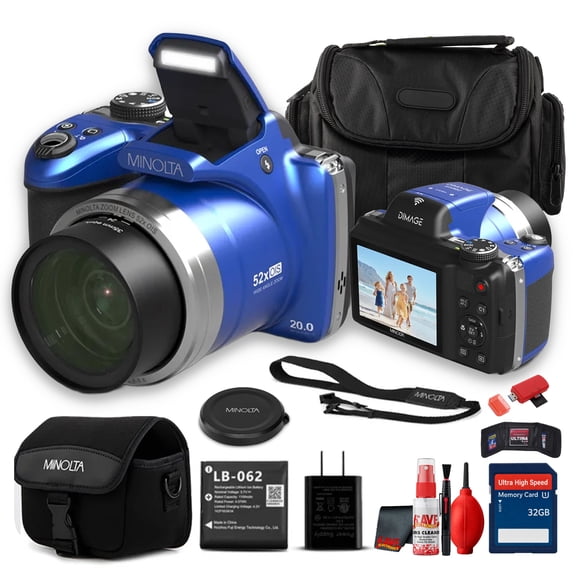 Minolta MN52Z 20MP 4K Ultra HD Bridge Camera Blue | 52x Optical Zoom, 24-1248mm, OIS, 25-Point AF | Bundle