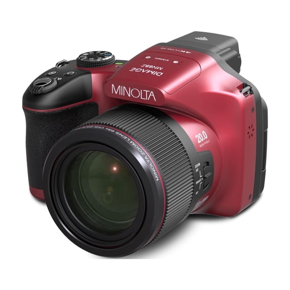 Minolta MN68Z Dimage 20MP 4K Ultra HD Bridge Camera | 68x Optical Zoom, 23.4-1591mm Lens, BSI CMOS Sensor, OIS, Manual Controls (Red)