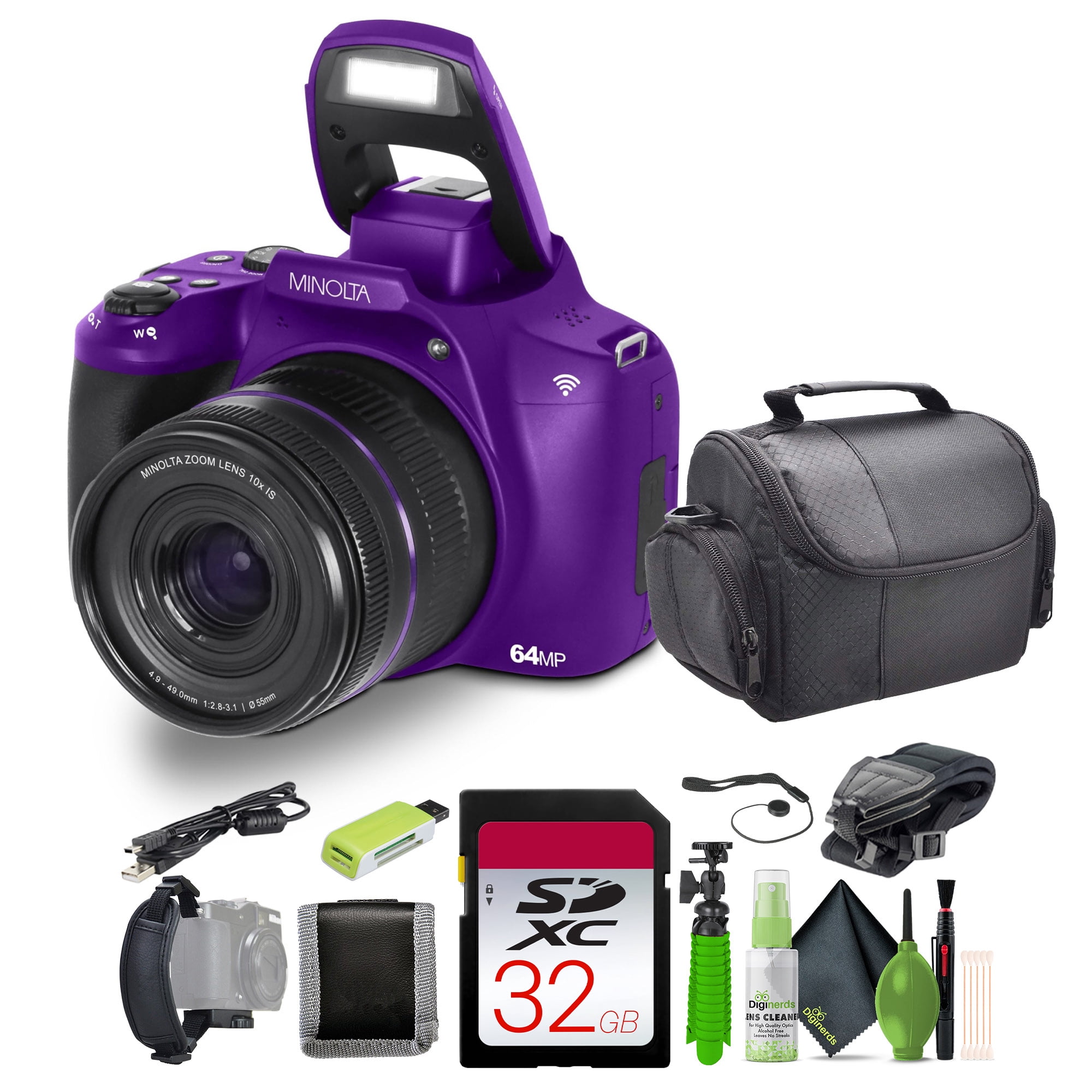 Minolta MNB10Z 64 Megapixel Auto Focus Digital Camera with 10x Optical Zoom, 4K Ultra HD Video Bundle Purple