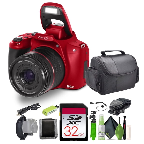 Minolta MNB10Z 64 Megapixel Auto Focus Digital Camera with 10x Optical Zoom, 4K Ultra HD Video Bundle Red