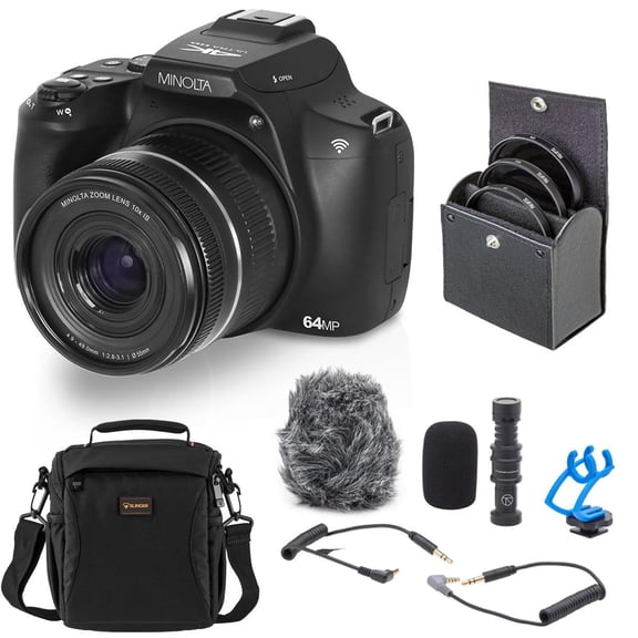 Minolta MNB10Z 64MP Digital Camera, Black, Bundle with Shotgun Microphone, 49mm Filter Kit and Shoulder Bag