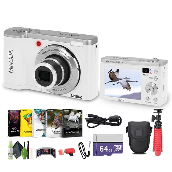 Minolta MNB5Z 56MP Dual Lens Point & Shoot Digital Camera with 5X Optical Zoom & 5K Ultra HD Video Bundle With 64GB Memory Card + Vlogger Tripod + Bag + Cleaning Kit + More Accessories (White)