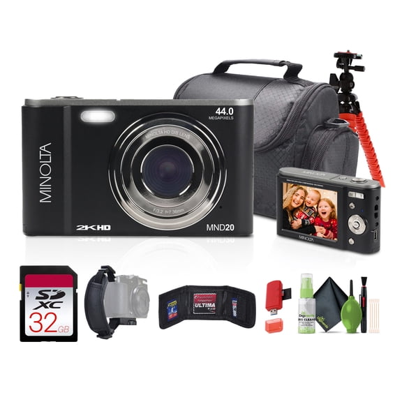 Minolta MND20 44 MP / 2.7K Ultra HD Digital Camera (Black) + 32GB Memory Card + 12" Tripod + Memory Card Wallet + More Bundle
