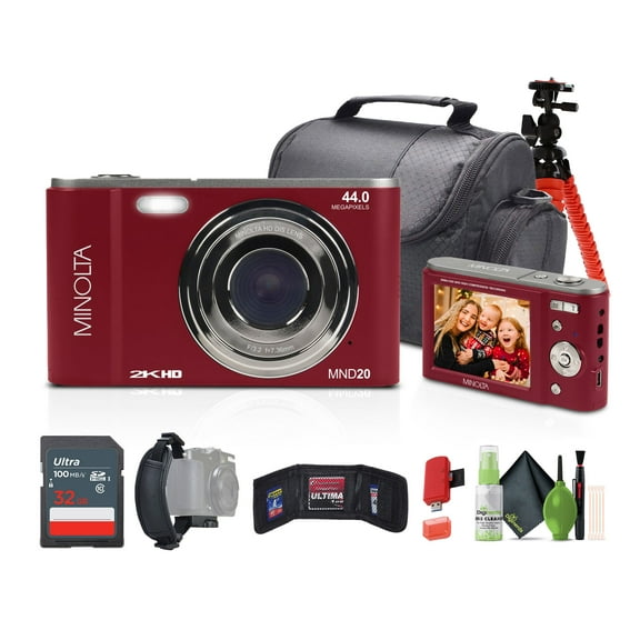 Minolta MND20 44 MP / 2.7K Ultra HD Digital Camera (Red) + 32GB Memory Card + 12" Tripod + Memory Card Wallet + More Bundle