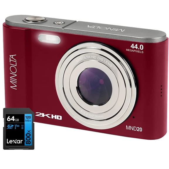 Minolta MND20-R 44 MP / 2.7K Ultra HD Digital Camera Red Bundle with Lexar 64GB High-Performance 800x UHS-I SDHC Memory Card BLUE Series
