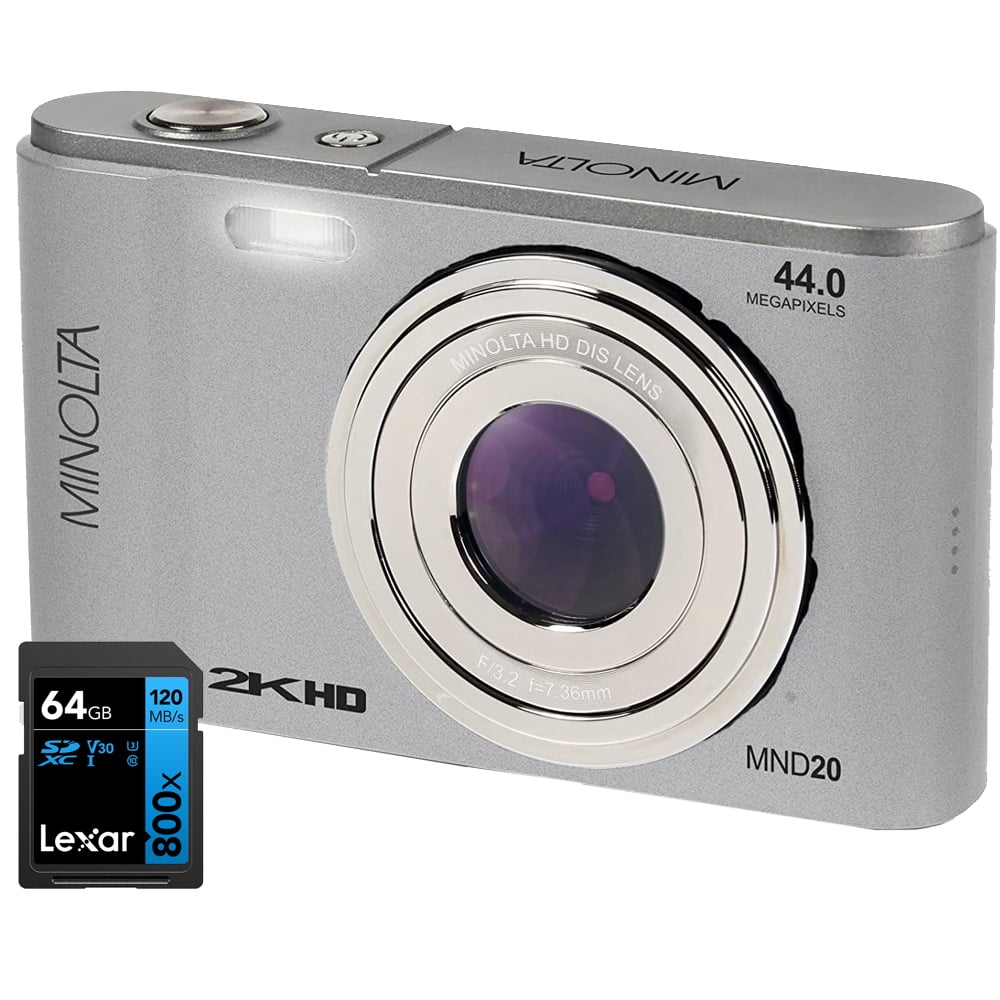 Minolta MND20-S 44 MP  2.7K Ultra HD Digital Camera Silver Bundle with Lexar 64GB High-Performance 800x UHS-I SDHC Memory Card BLUE Series