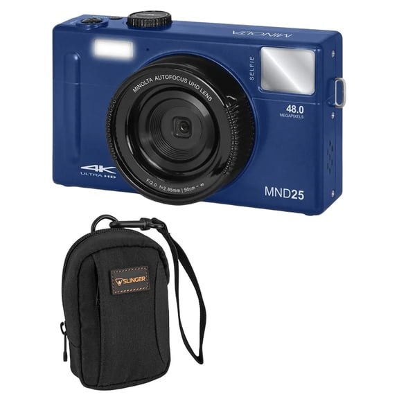 Minolta MND25 Digital Camera, 48 MP Autofocus, 4K Ultra HD Camera with Selfie Mirror & 32GB SD Card, Blue, Bundle with Slinger Camera Bag