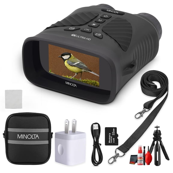Minolta MNDM10B 10x 25 4K Night Vision Monocular with Video Camera (Black) Bundle With Cleaning Kit + USB Wall Charger