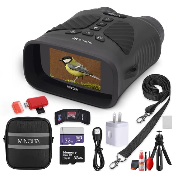 Minolta MNDM10B 10x25 Night Vision 4K Digital Camera Monocular (Black) Bundle With Cleaning Kit + USB Wall Charger + 32GB MicroSD Memory Card + USB Card Reader- SD/microSD + Memory Card Wallet