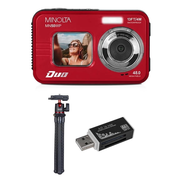 Minolta Minolta Duo MN50WP 48 MP AF 5K Ultra HD Waterproof Digital Camera with Dual Front & Rear LCD, Red with Essessory kit