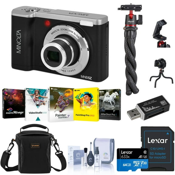 Minolta Minolta MNB5Z 56MP 5K Ultra HD 2.8" LCD Screen Digital Camera, Black, Bundle with Shoulder Bag, 64GB Memory Card, Tripod, Cleaning Kit, PC Software Kit