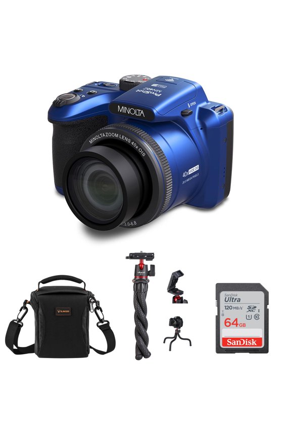 ProShot MN40Z 20MP Full HD Camera with 40x Optical Zoom, Blue, Bundle with MT-11 Multifunctional Octopus Tripod, 64GB SDXC Memory Card and Shoulder Bag