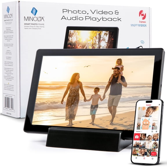 Minolta Smart Photo Frame 10.1 inch - Portable Digital Picture Frame with Built-in Battery, Magnetic Charging Dock, IPS HD Touchscreen, WiFi & Frameo App, 16GB Storage (Black)