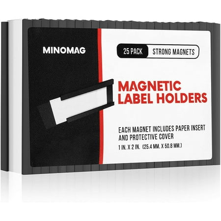 Minomag Magnetic Label Holders | Full Set of Slot Loading Data Card Holders for Metal Shelf, Whiteboard, or Planning Board (Set of 25)