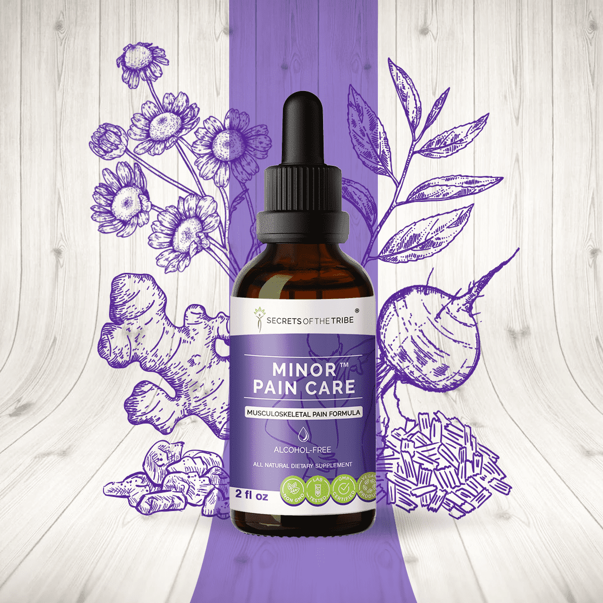 Secrets Of The Tribe Minor Pain Care Blend Tincture Dietary Supplement, Natural Extract, Made from Frankincense, Turmeric, White Willow, Beet Root, Green Tea, Feverfew 2 oz