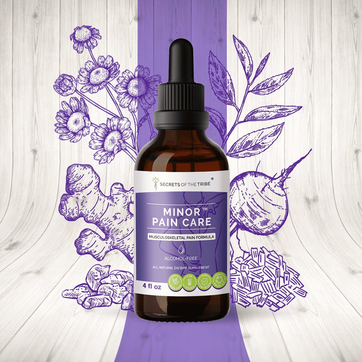 Secrets Of The Tribe Minor Pain Care Blend Tincture Dietary Supplement, Natural Extract, Made from Frankincense, Turmeric, White Willow, Beet Root, Green Tea, Feverfew 4 oz