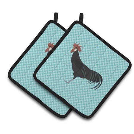 Minorca Ctalalan Chicken Blue Check Pair of Pot Holders - Blue